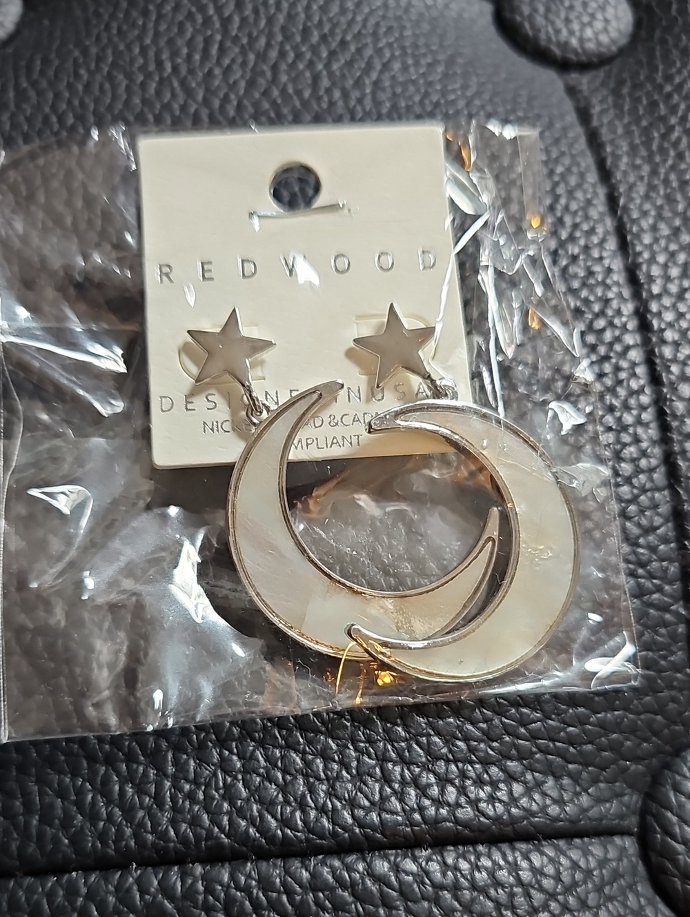 Gold & Cream Crescent Moon Star Drop Earrings